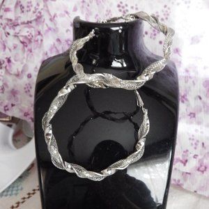 Vintage 3" Hoop Earrings Silver in Color with Mesh Net Swirling Look